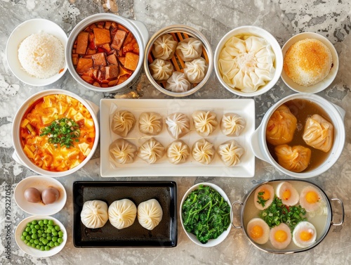 A delicious spread of Chinese food, including dumplings, soup, and noodles.