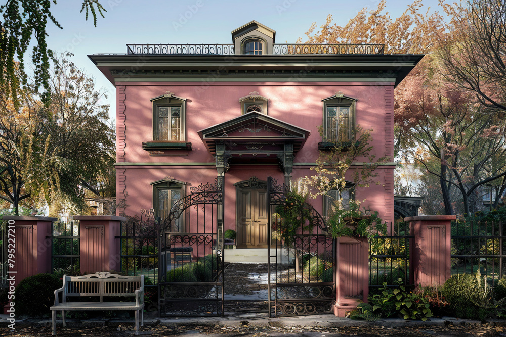 Full front view of a classic house in dusky rose, with a vintage wrought-iron fence and an antique garden bench. Full front view of a classic house in dusky rose, with a vintage wrought-iron fence and an antique garden bench.