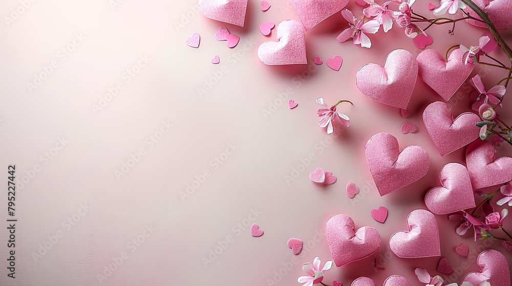 Pink hearts and cherry blossoms on a pink background.