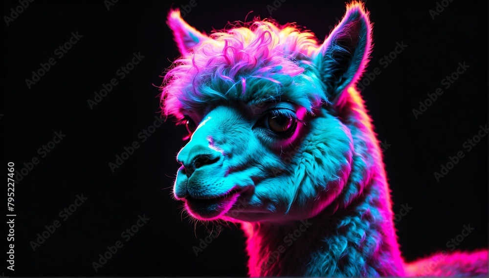 Fototapeta premium holographic glowing portrait of alpaca on black dark background from Generative AI