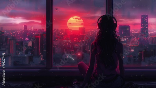 Background music, a lofi anime girl with headphones sitting alone in the room with city night lights and sunset in the background, illustration lo-fi hip hop music, seamless looping video animation