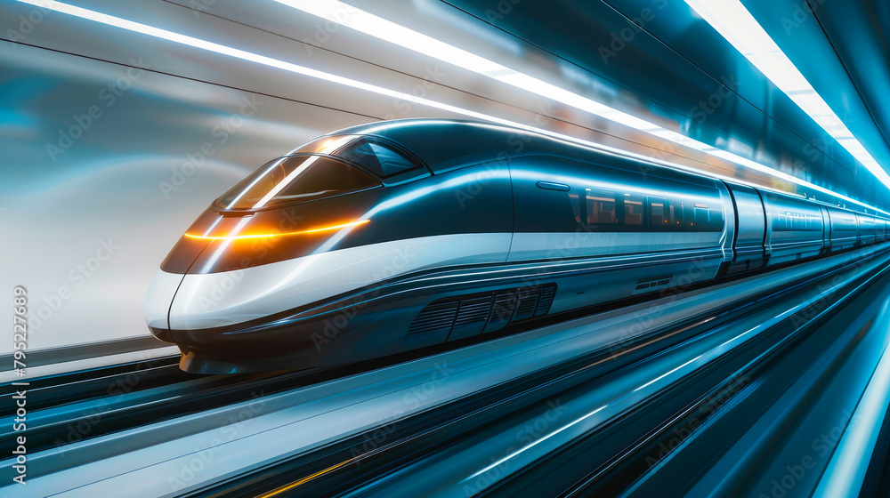 Modern Hi-Speed passenger train with motion blur moves in tunnel. Modern Hi-Speed passenger train with motion blur moves in tunnel.
