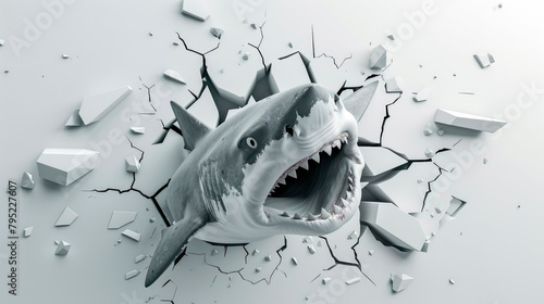 Frightening scary killer white shark breaking through the white wall. © graja