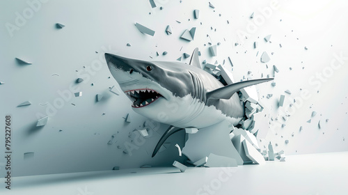 Frightening scary white shark breaking through the white wall.