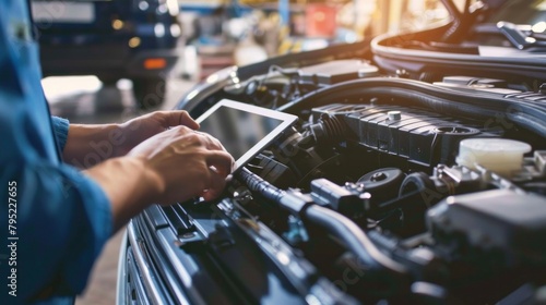 Mechanics use tablet computers where experts inspect electric cars for broken parts in the engine bay. © ORG