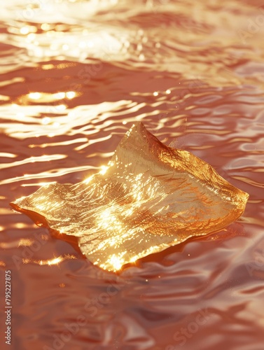 gold metal plate foil floating on red water ocean ripple minimal poster art of gold object piece on red color water background