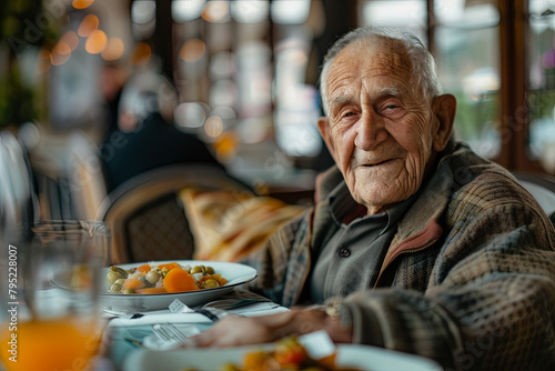 Elderly gentleman in an assisted living facility, contentedly enjoying a nutritious meal, exemplifying a lifestyle of wellness and satisfaction photo