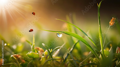 green grass and some ladybug on sunny day, AI Generative