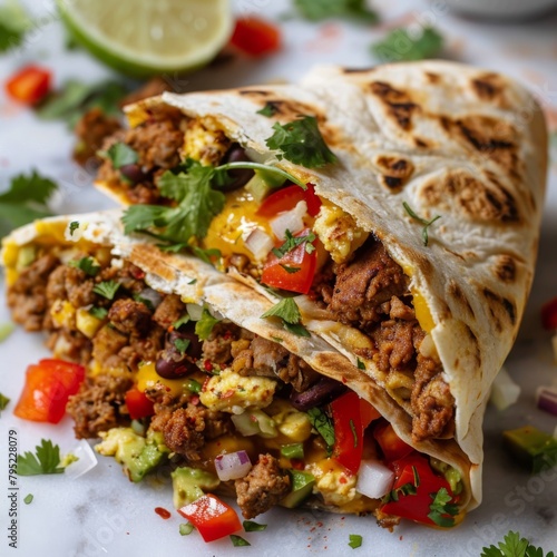 A breakfast burrito with eggs, sausage, peppers, onions, cheese, and avocado.