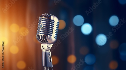 Microphone for singer music background with spot lighting. Concept Public speaking on stage with mic.