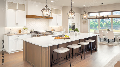 A stylish kitchen with a contemporary layout  featuring stainless steel appliances  a central island with bar stools  and pendant lighting  the setting has a modern and elegant feel