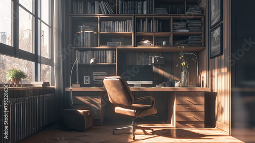 A stylish home office with a modern desk, a comfortable chair, and large bookshelves, the scene shows a sophisticated workspace, conveying a sense of productivity and creativity photo