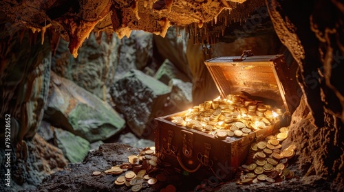An old treasure chest hidden in a cave, containing many gold coins and valuables.