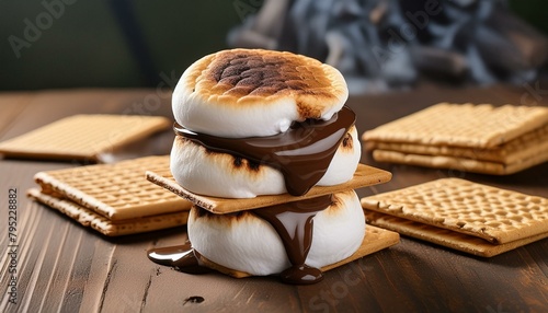 A gourmet s'mores dessert with toasted marshmallows, melted chocolate, and graham crackers, artfully assembled photo