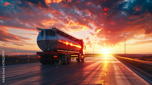A tanker truck carrying valuable petroleum products drives down a highway at sunset, reflecting the golden hues of the sky