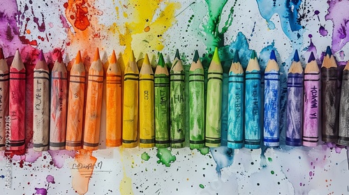 A row of watercolor pencils over a watercolor background. photo