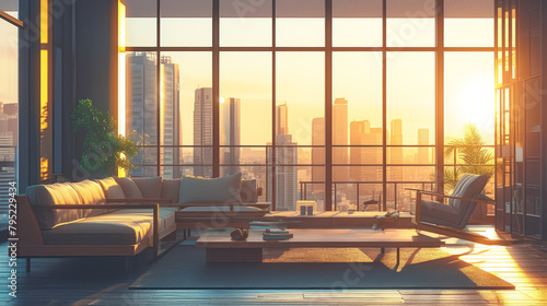 A stylish modern living room used as a background, featuring sleek furniture, contemporary artwork, and large windows with a city view © Rassul