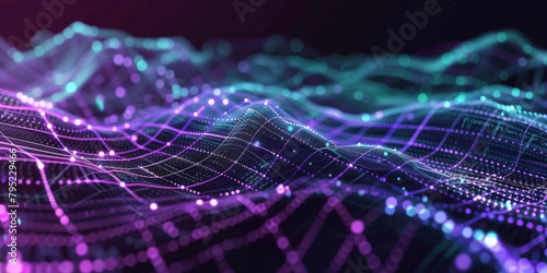  A dark purple background with blue and yellow lines geometric polygonal space low poly network nodes with connected dots and lines on dark blur blue tone background. Concept for digital technology,