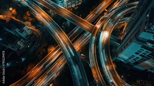 Aerial view of curvy city highway overpass with beautiful lights at night scene. AI generated image