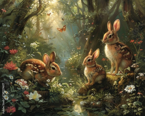 Three rabbits in a lush sunlit forest clearing with a stream, flowers, and butterflies
