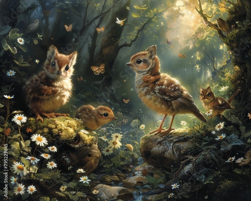 Mystical baby owls and chipmunks in an enchanted forest