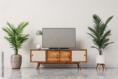 a tv on a cabinet with two plants in front of it photo