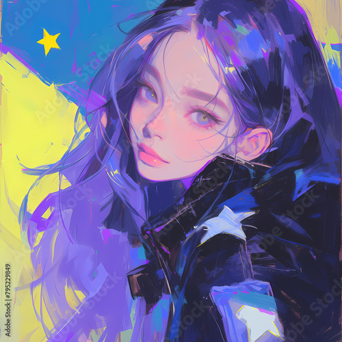 Ethereal AI-Generated Art: A Stylized Anime Character Surrounded by a Vibrant Virtual Universe photo