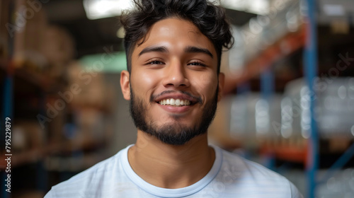 A latin man with a beard and a smile is standing in a warehouse. He is wearing a gray shirt and is smiling at the camera. handsome latin man smiling in a warehouse looking directly into the camera