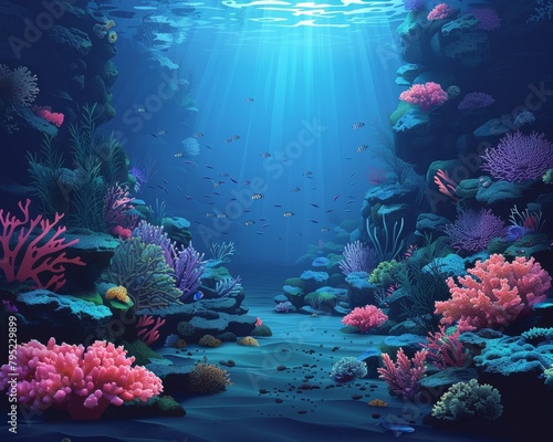 An illustration of a coral reef with many types of fish.