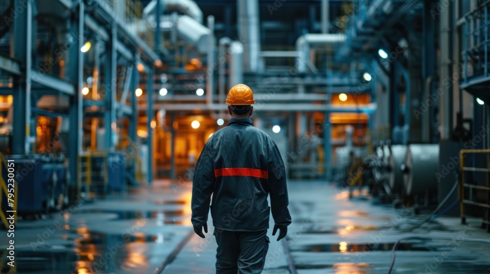 A Factory workers wearing hard hats walk through industrial plants.