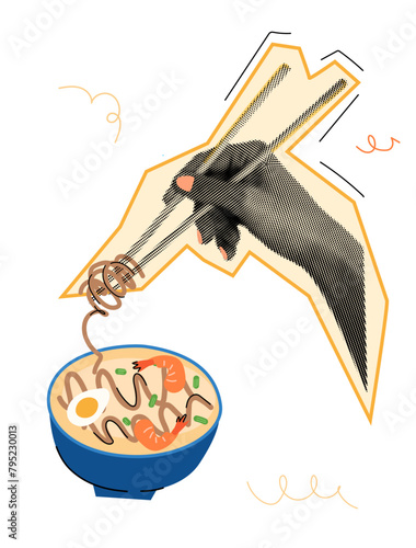 trendy Halfton hand. Chinese noodle sticks. Noodles soup.Asian food poster.Retro halftone template for banner, poster, card.
