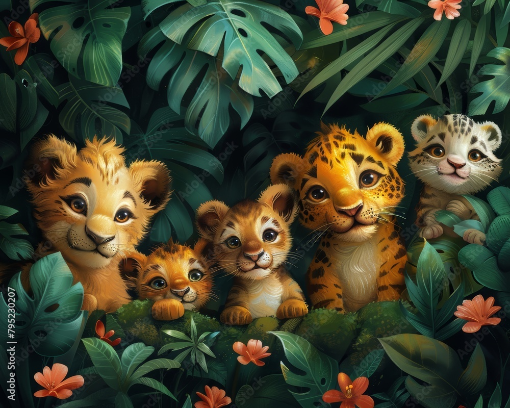 Fototapeta premium A group of cute baby big cats in a lush green jungle setting.