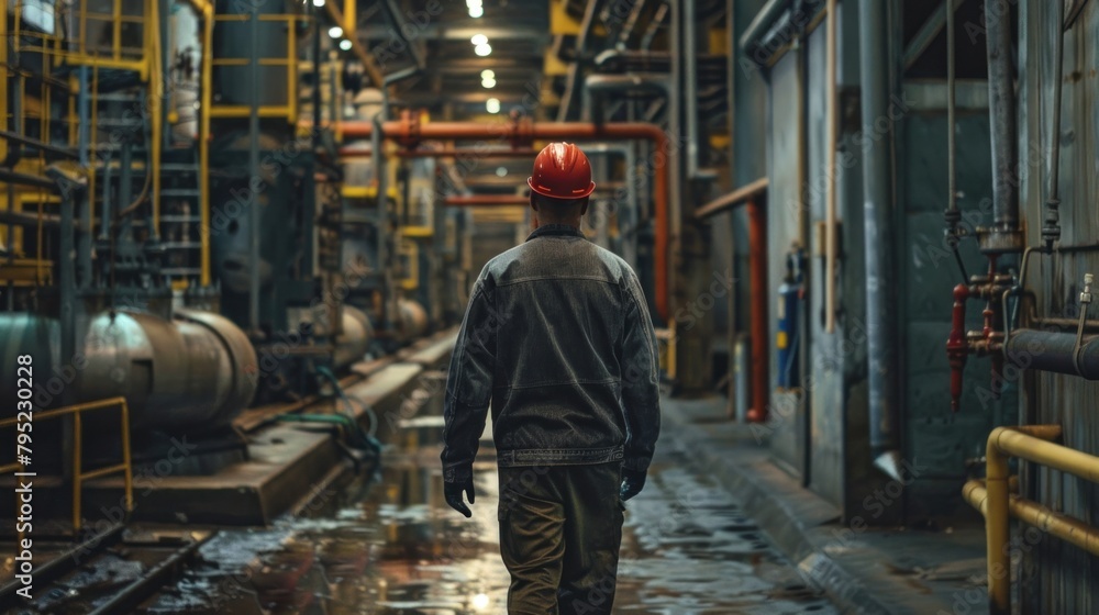 A Factory workers wearing hard hats walk through industrial plants.