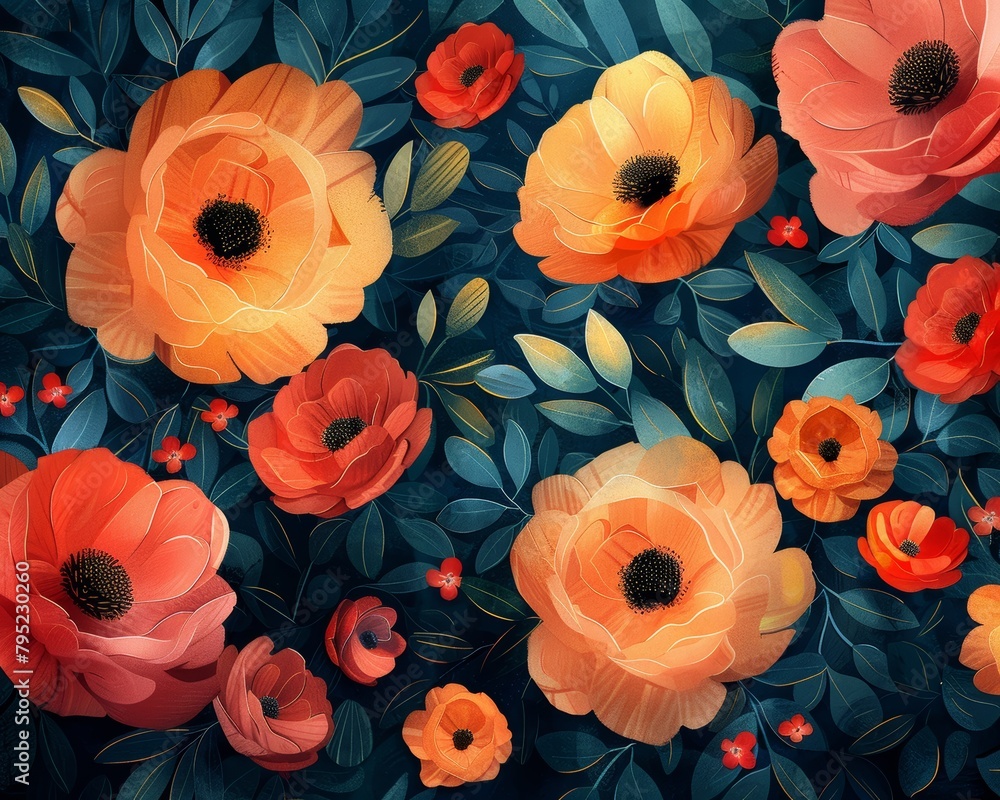 A seamless pattern with big and small orange and red poppies on a dark blue background. A seamless pattern with big and small orange and red poppies on a dark blue background.