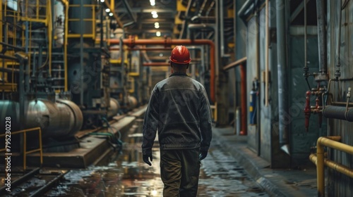A Factory workers wearing hard hats walk through industrial plants.