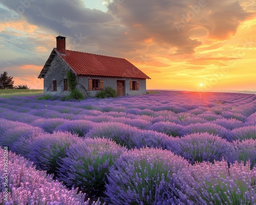 A small cottage in a field of lavender at sunset