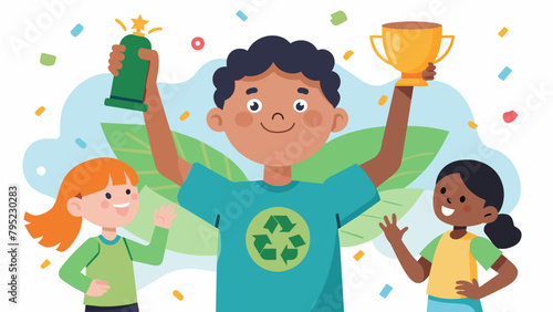A child proudly displays their EcoWarrior of the Year trophy made from recycled materials as their peers cheer and applaud for their innovative