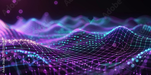 A dark purple background with blue and yellow lines geometric polygonal space low poly network nodes with connected dots and lines on dark blur blue tone background. Concept for digital technology,