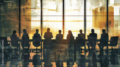 A diverse group of professionals engage in a management meeting at a table positioned in front of a large, sunlit window