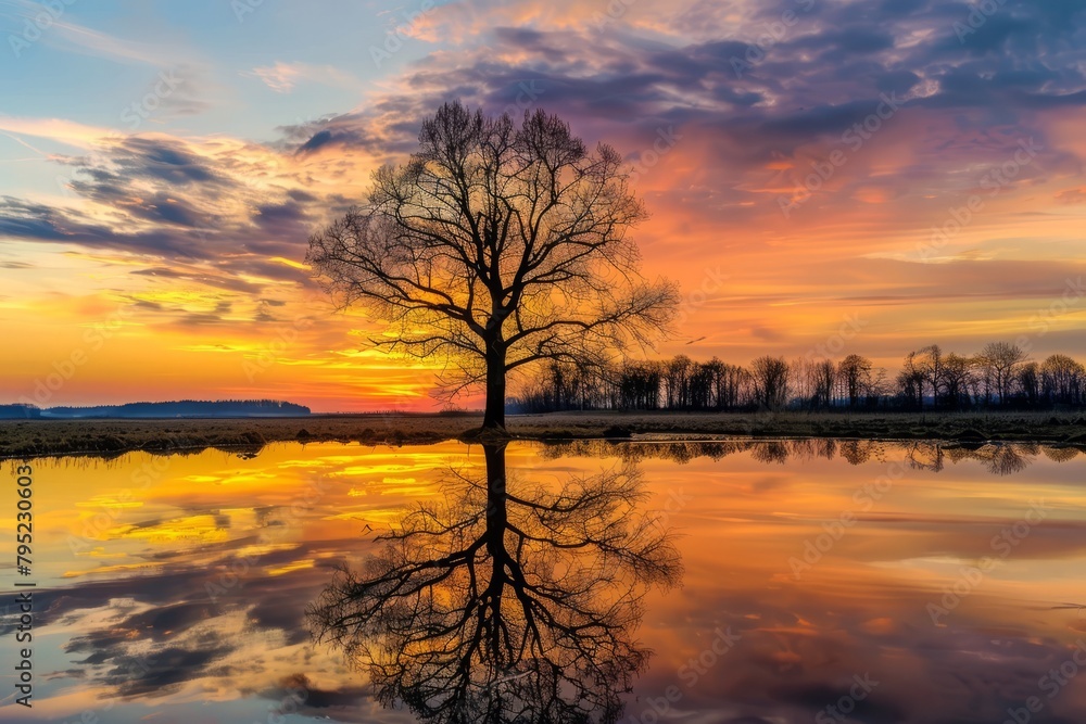 Lone Tree Standing Tall Against The Backdrop of a Golden Sunset, With The Vibrant Colors of The Sky Reflecting in a Nearby Pond, Generative AI Lone Tree Standing Tall Against The Backdrop of a Golden Sunset, With The Vibrant Colors of The Sky Reflecting in a Nearby Pond, Generative AI