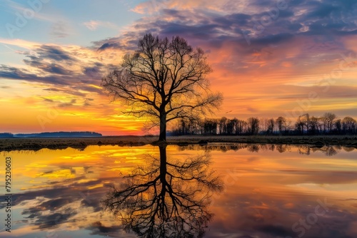 Lone Tree Standing Tall Against The Backdrop of a Golden Sunset, With The Vibrant Colors of The Sky Reflecting in a Nearby Pond, Generative AI