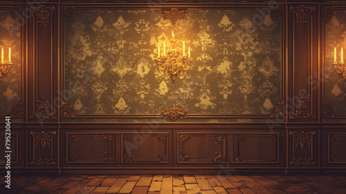 A vintage-style background featuring aged wallpaper with intricate patterns, wooden paneling, and classic chandeliers photo