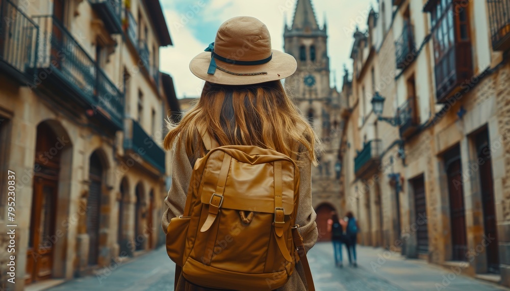 Young backpacker exploring historic spanish town solo  traveler girl on vacation in old streets