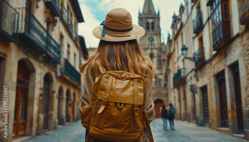 Young backpacker exploring historic spanish town solo traveler girl on vacation in old streets