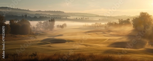 The image is a beautiful landscape of a golf course in the morning. The sun is rising over the hills in the distance, and the fairways and greens are covered in a light fog. There is a slight breeze b photo