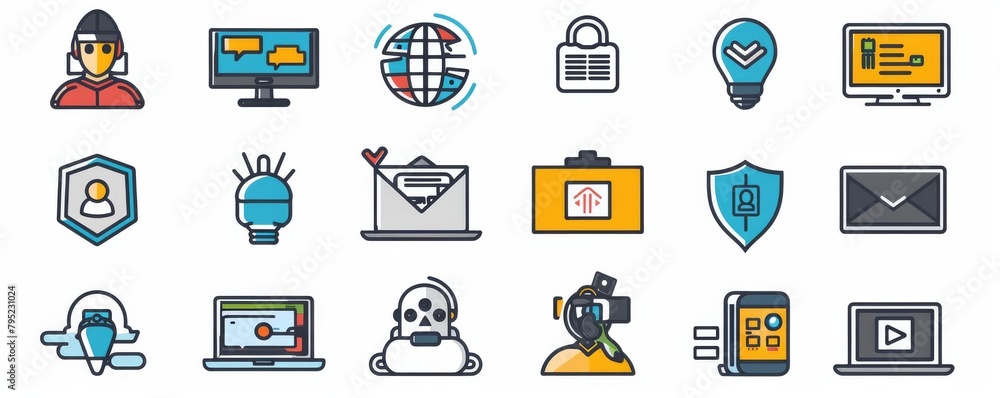 A set of outline vector icons and a solid icon of a person with a key unlocking a padlock.