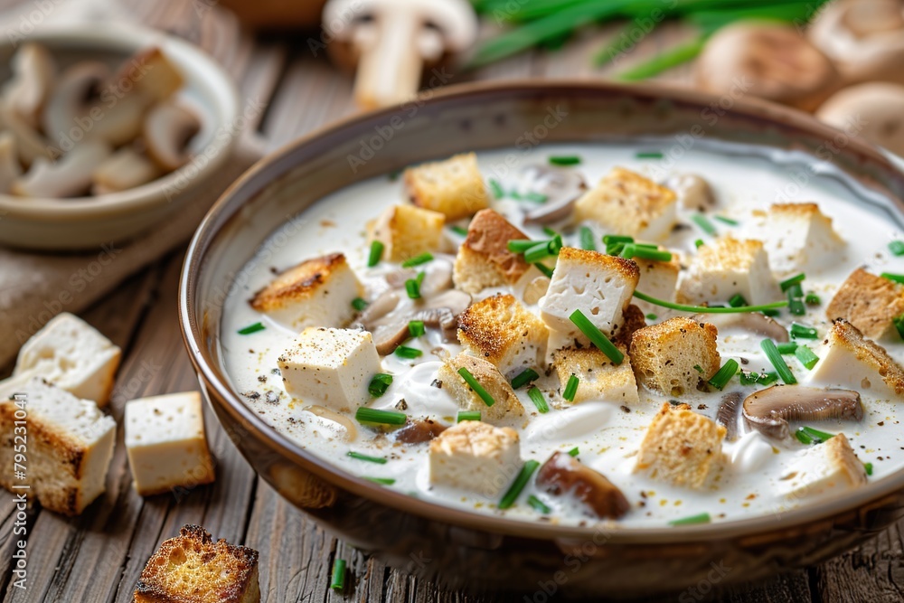Sour cream and mushroom soup with croutons, food photo, ultrarealistic stock photography, Sour cream and mushroom soup with croutons, food photo, ultrarealistic stock photography,