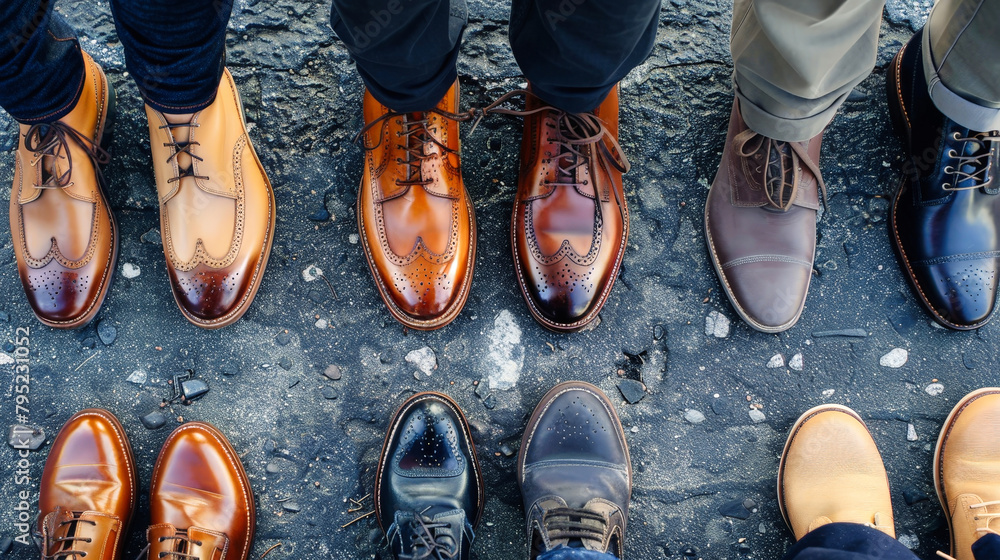 A diverse group of individuals standing closely together, showcasing their polished dress shoes in various styles and colors
