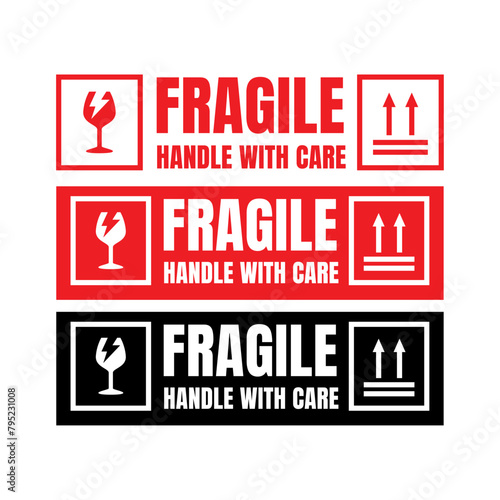 Sticker fragile handle with care vector. warning label, fragile label with broken glass symbol, vector