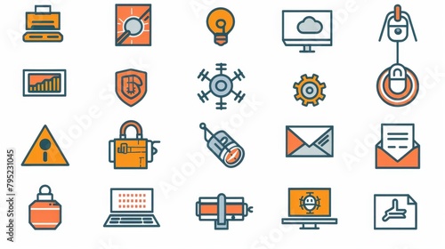 A set of outline icons, each representing a different aspect of computer security. photo